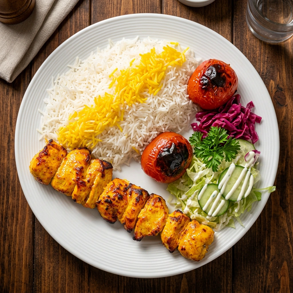 Chicken kabob with saffron rice and grilled tomato at Tehran Market and Cafe Winnipeg