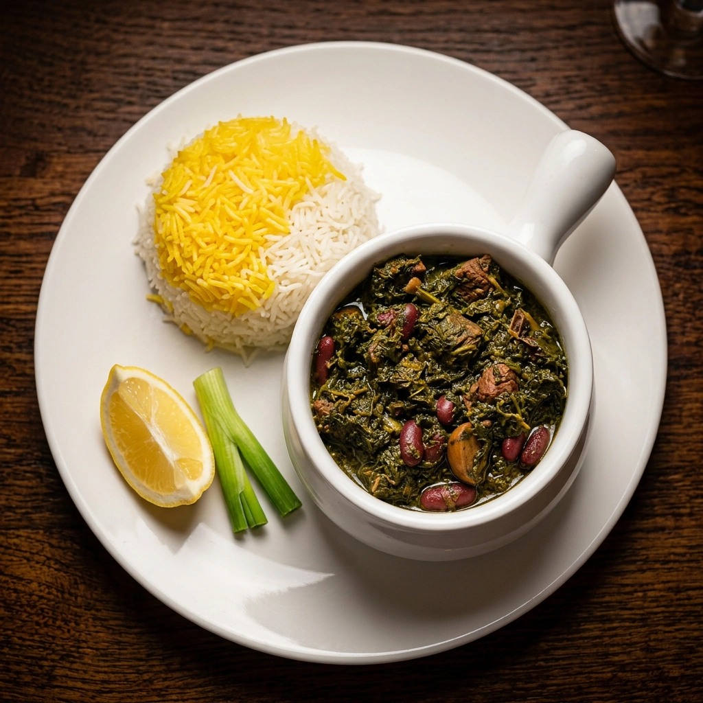 Ghormeh sabzi Persian herb stew with rice at Tehran Market and Cafe Winnipeg
