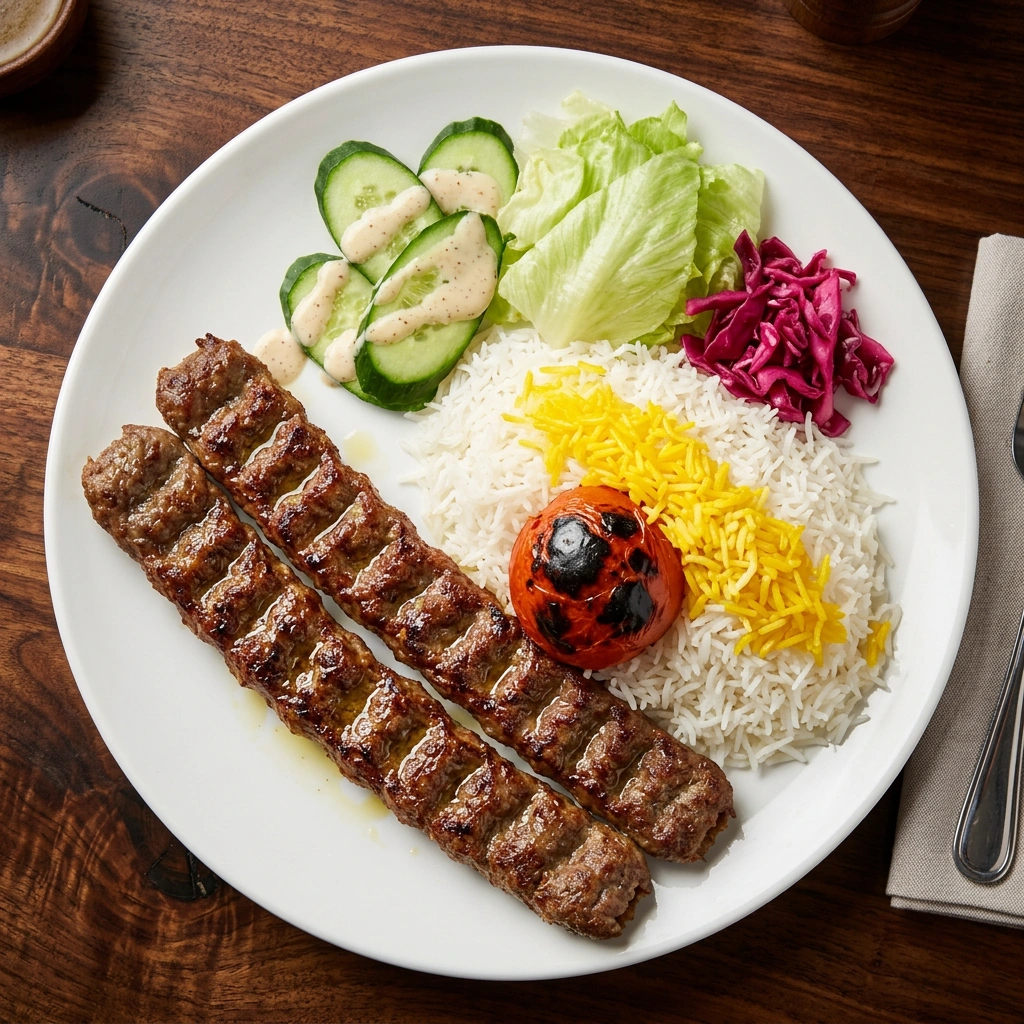 Koobideh kabob with saffron rice at Tehran Market and Cafe Persian restaurant Winnipeg