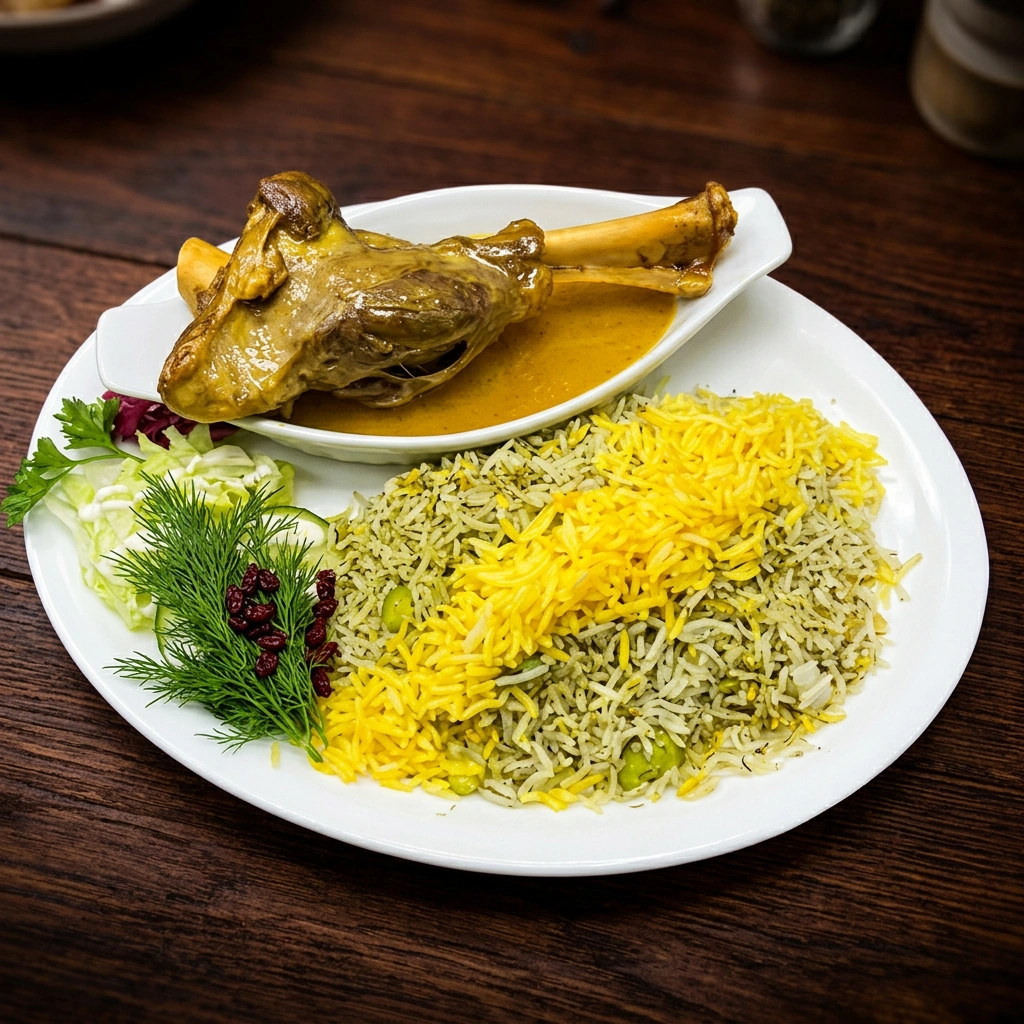 Persian lamb shank with baghali polo fava bean dill rice at Tehran Cafe Winnipeg